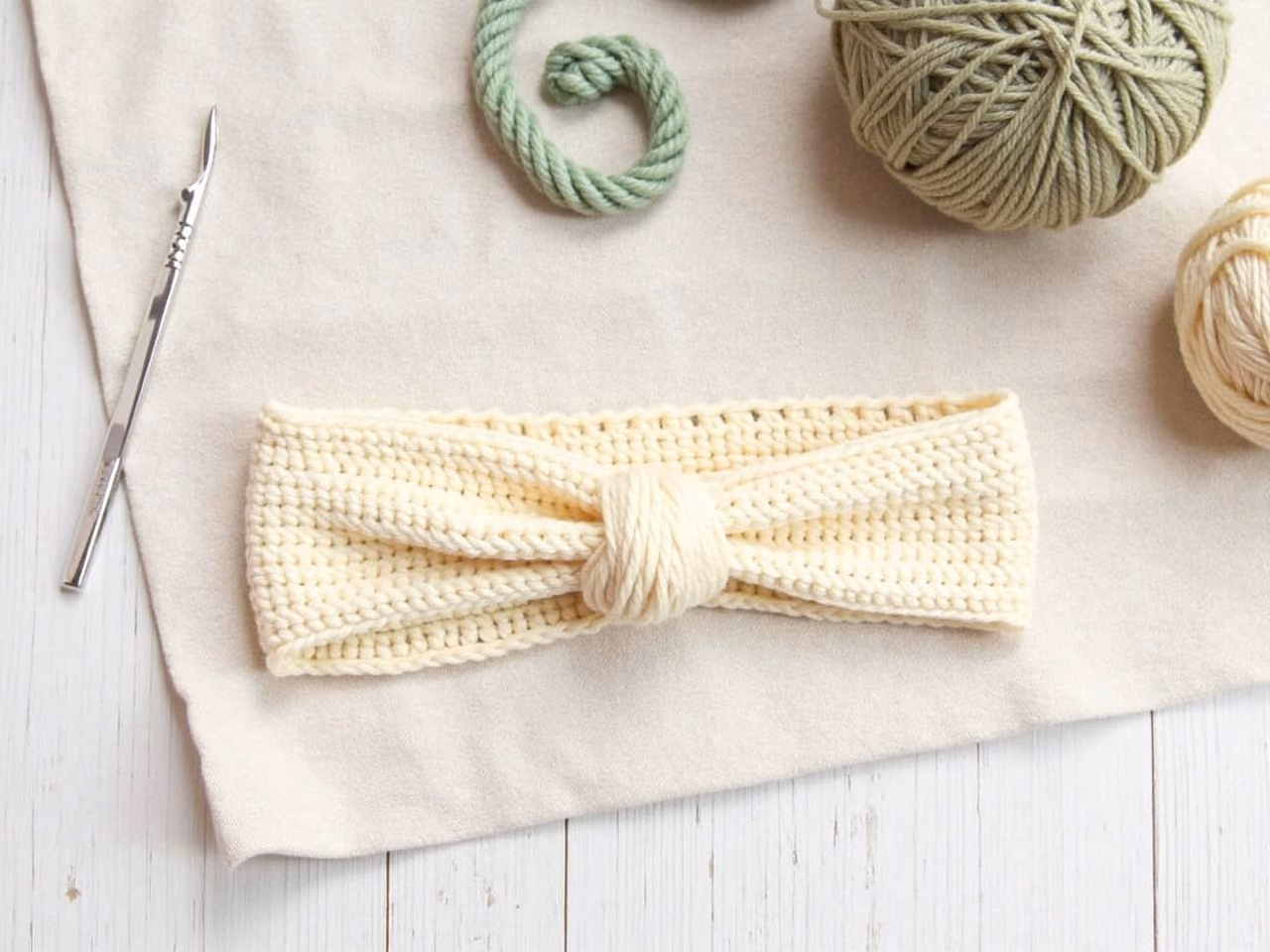 A finished cream crochet headband with a twisted centre knot laid flat on linen beside a ball of yarn and a hook