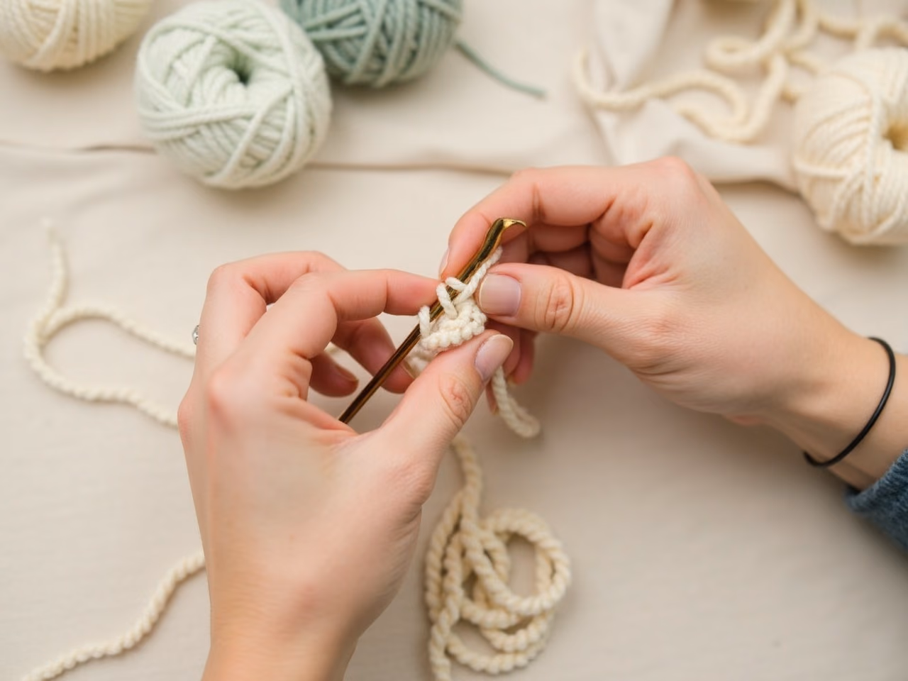 Hands holding cream yarn formed into a magic ring loop on a crochet hook, mid-stitch