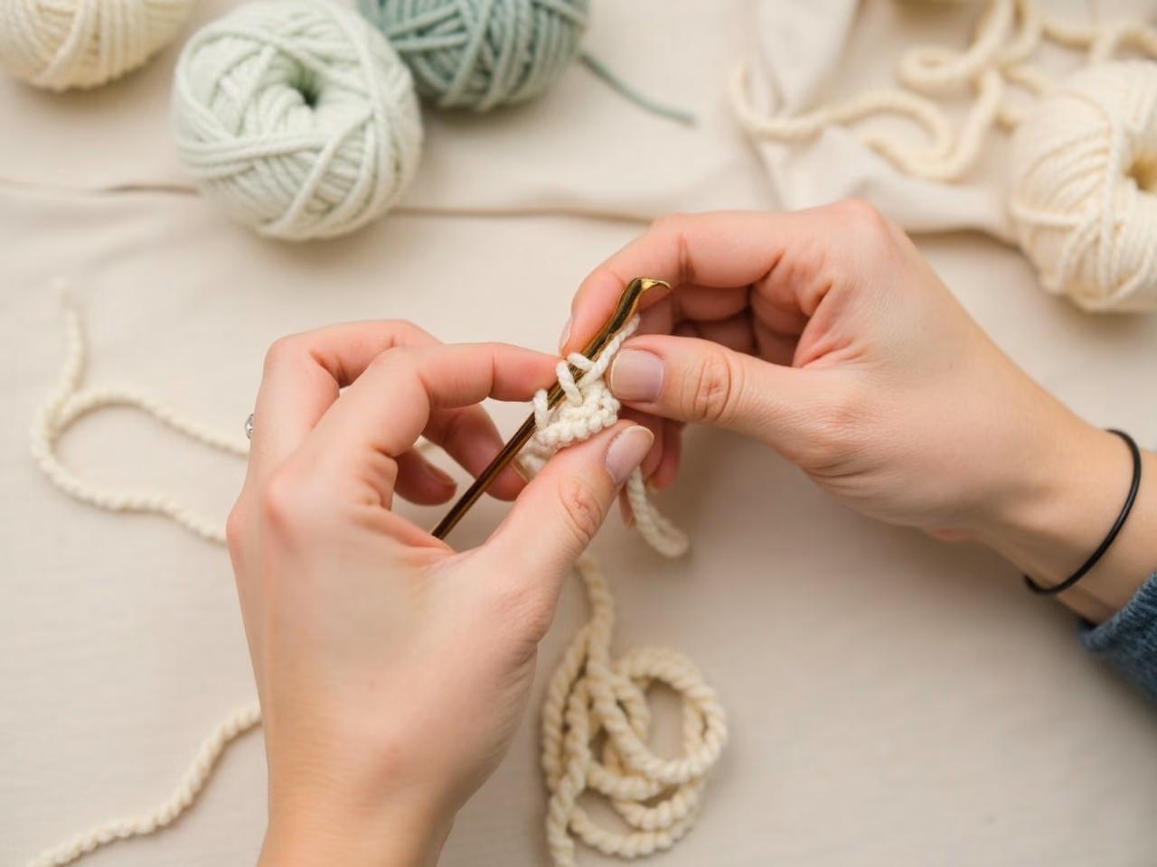 Hands holding cream yarn formed into a magic ring loop on a crochet hook, mid-stitch