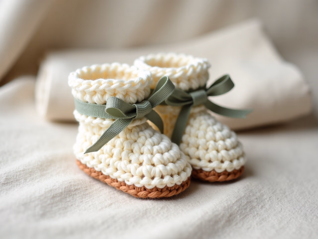 A pair of cream crochet newborn booties with sage ribbon ties, tidy stitches visible, on pale linen