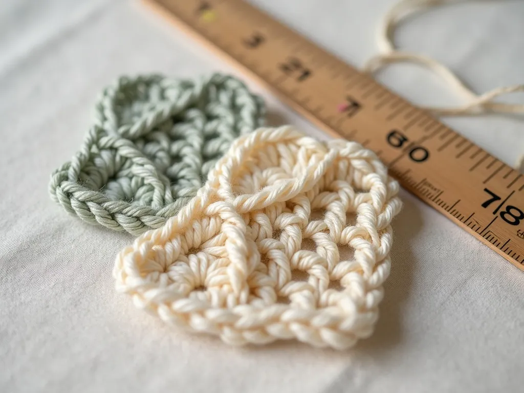 Three crochet swatches worked at different tensions with a tape measure across them