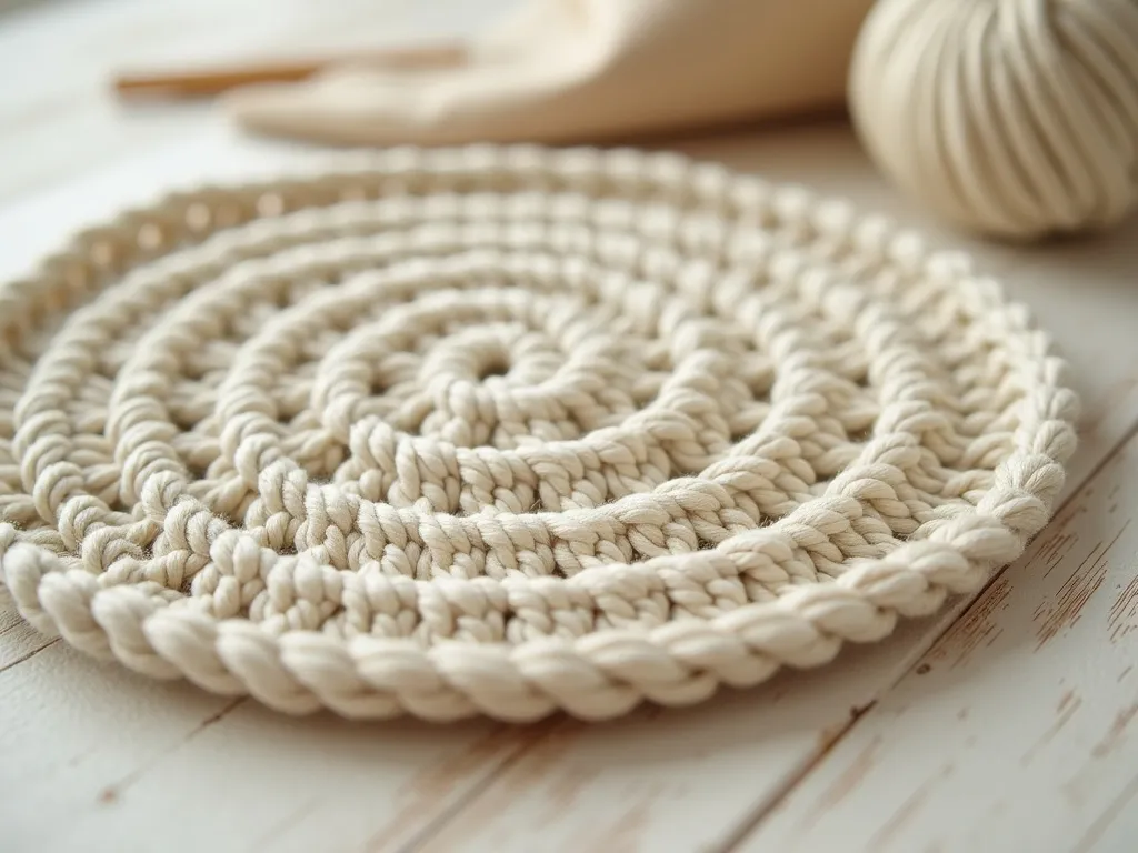 A crocheted circle of double crochet stitches with the centre hole pulled fully closed